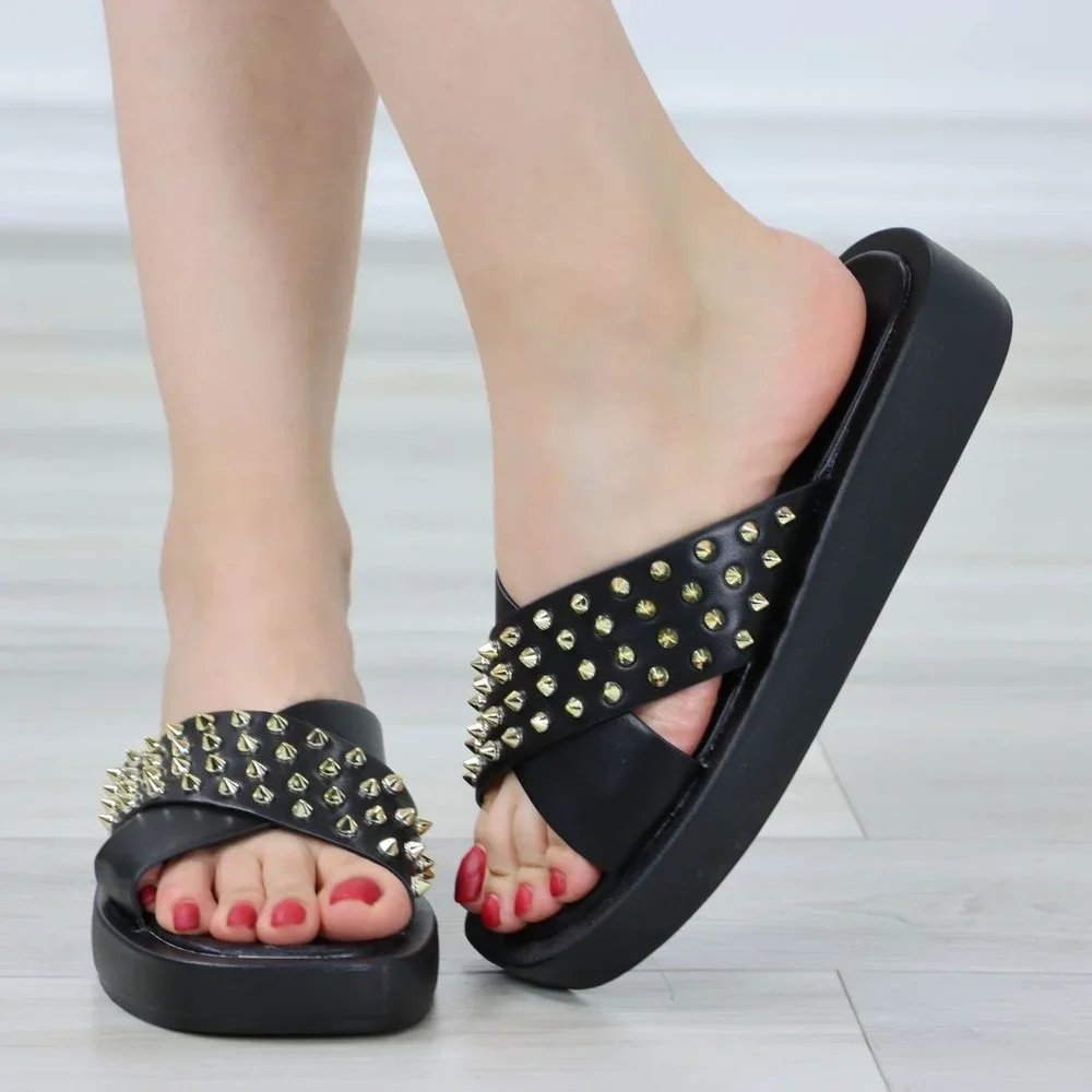Black Sliders Slip On Sandals Faux Leather Gold Metal Stud Criss Cross - Picture 9 of 12